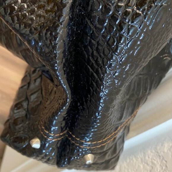 Large JESSICA SIMPSON Satchel PURSE * SHINY BLACK PATENT LEATHER embossed CROC - Picture 6 of 14